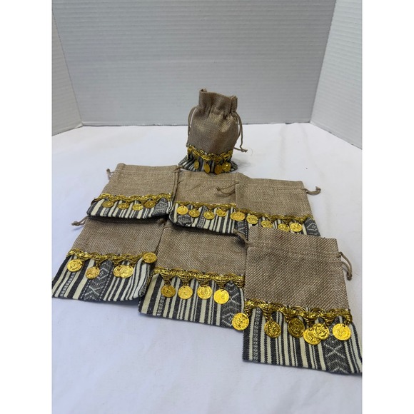 Set of 12 Henna Jute Drawstring Pouches with Decorative Coins and Colorful Trim - Picture 6 of 12